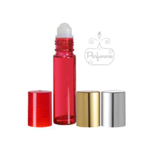 Load image into Gallery viewer, Red Roll On Bottle With Plastic Insert and Red, Metallic Gold and Metallic Silver Caps