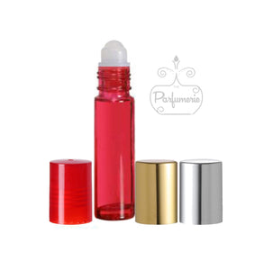 Red Roll On Bottle With Plastic Insert and Red, Metallic Gold and Metallic Silver Caps