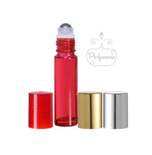 Load image into Gallery viewer, Red Roller Bottle with Steel Rollerball Insert and Red, Gold and Silver Caps