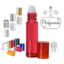 Load image into Gallery viewer, Lip Gloss Roller. Red 10 ml Roll On Bottle with Plastic Rollerball Insert and Color Cap Options. These Essential Oil Roller Bottles work wonderfully for Perfume Oils, Essential Oils, Fragrance Oils, Lip Gloss, Lip Oils and so much more.