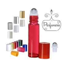 Load image into Gallery viewer, Lip Gloss Roller. Red 10 ml Roll On Bottle with Steel Rollerball Insert and Color Cap Options. These Essential Oil Roller Bottles work wonderfully for Perfume Oils, Essential Oils, Fragrance Oils, Lip Gloss, Lip Oils and so much more.