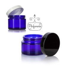 Load image into Gallery viewer, 1 oz Cobalt blue straight sided cosmetic jar with lined lid options. High quality UV proof glass. Safe for all essential oil products.