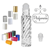 Load image into Gallery viewer, Swirl Clear Glass 10 ml Roller Bottle with Plastic Rollerball Bottle Inserts and Color Cap Options for Perfume Oils, Essential Oils and Fragrance Oils as well as Lip Gloss and Lip Oils. Cap Color options are Metallic Silver, Gold and Brushed Silver, Glitter Gold and Silver, White and White Pearl, Yellow, Red, Purple, green, Black, Orange, Pink and Blue.
