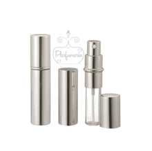 Load image into Gallery viewer, Metallic Perfume Bottles. 12 ml Atomizer Spray Bottles. Metallic Silver. Inner chamber holds the Perfume Oils, Essential Oils or Fragrance oils for Perfumes, Colognes, Room Sprays, Car Refreshers and Pillow Mists.