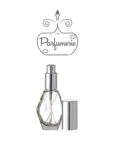Diamond Glass Atomizer Perfume Bottle with a Silver spray top and over cap. Sizes available are 1/2 oz., 1 oz. and 2 oz.