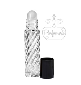 Swirl Clear Glass 10 ml Roller Bottle with Plastic Rollerball Bottle Inserts and Black Cap for Perfume Oils, Essential Oils and Fragrance Oils as well as Lip Gloss and Lip Oils.