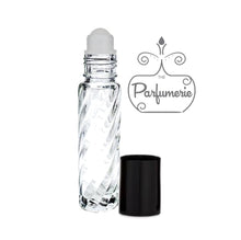 Load image into Gallery viewer, Swirl Clear Glass 10 ml Roller Bottle with Plastic Rollerball Bottle Inserts and Black Cap for Perfume Oils, Essential Oils and Fragrance Oils as well as Lip Gloss and Lip Oils.