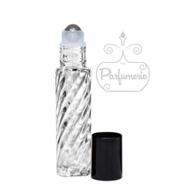 Load image into Gallery viewer, Swirl Clear Glass 10 ml Roller Bottle with Stainless Steel Rollerball Bottle Insert and Black Cap for Perfume Oils, Essential Oils and Fragrance Oils as well as Lip Gloss and Lip Oils. 