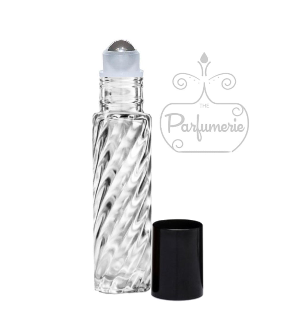 Swirl Clear Glass 10 ml Roller Bottle with Stainless Steel Rollerball Bottle Insert and Black Cap for Perfume Oils, Essential Oils and Fragrance Oils as well as Lip Gloss and Lip Oils. 
