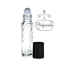 Load image into Gallery viewer, Swirl Clear Glass 10 ml Roller Bottle with Stainless Steel Rollerball Bottle Insert and Black Cap for Perfume Oils, Essential Oils and Fragrance Oils as well as Lip Gloss and Lip Oils.