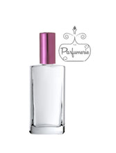 Load image into Gallery viewer, Perfume Bottle in size 3.4 oz. Atomizer Spray Bottle with Purple Sprayer Top with over cap. Clear Glass Large Perfume Bottle for Perfume Oils, Essential Oils and Fragrance Oils for your business, home, office or car!