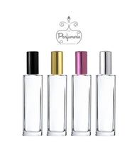 Load image into Gallery viewer, Tower Tall Style Perfume Bottles. Spray Bottles with Black, Gold, Purple and Silver Sprayer Tops with matching over caps.. Atomizer bottles are great for Essential Oils, Perfume Oils, Fragrance Oils and Room Sprays. 