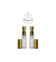Load image into Gallery viewer, Perfume Bottles. 10ml Perfume Spray bottles. Swirl Glass with Gold Atomizer Sprayer Tops and Over Caps for Perfume Oils, Essential Oils or Fragrance Oils.