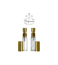 Load image into Gallery viewer, Perfume Bottles. 10ml Perfume Spray bottle. Clear Glass or Swirl Glass with Gold Atomizer Sprayer Top and Over Cap