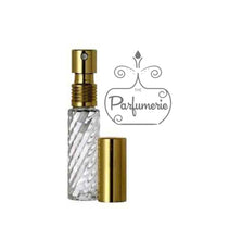 Load image into Gallery viewer, Perfume Bottles. 10ml Perfume Spray bottle. Swirl Glass with Gold Atomizer Sprayer Top and Over Cap for Perfume Oils, Essential Oils or Fragrance Oils.