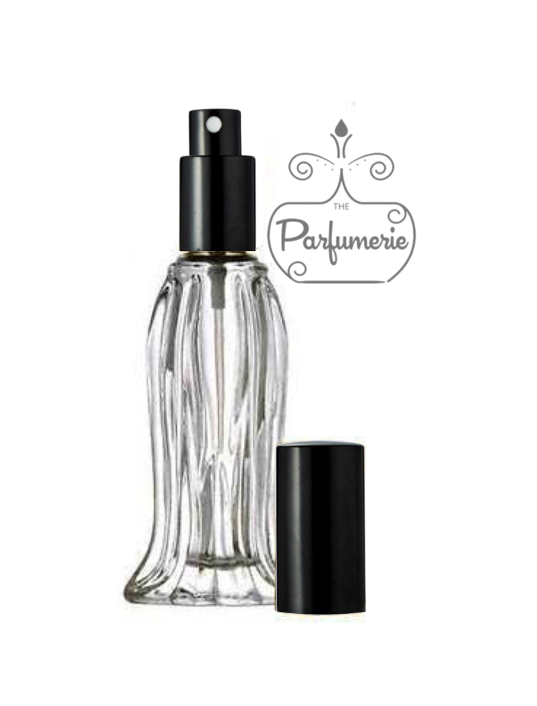 o.6 oz. Tulip Style Glass Perfume Bottle. Spray Bottle with Sprayer top in Black with matching over cap. Atomizer Bottles perfect for Perfume Oils, Essential Oils, Fragrance Oils and Room Sprays.