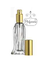 Load image into Gallery viewer, o.6 oz. Tulip Style Glass Perfume Bottle. Spray Bottle with Sprayer top in Gold with matching over cap. Atomizer Bottles perfect for Perfume Oils, Essential Oils, Fragrance Oils and Room Sprays.