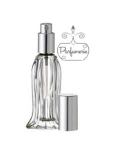 Load image into Gallery viewer, o.6 oz. Tulip Style Glass Perfume Bottle. Spray Bottle with Sprayer top in Silver with matching over cap. Atomizer Bottles perfect for Perfume Oils, Essential Oils, Fragrance Oils and Room Sprays.