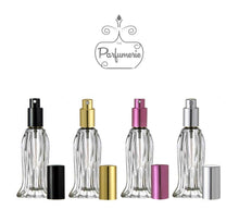 Load image into Gallery viewer, o.6 oz. Tulip Style Glass Perfume Bottles. Spray Bottles with Sprayer tops in Black, Gold, Purple and Silver with matching over cap. Atomizer Bottles perfect for Perfume Oils, Essential Oils, Fragrance Oils and Room Sprays.