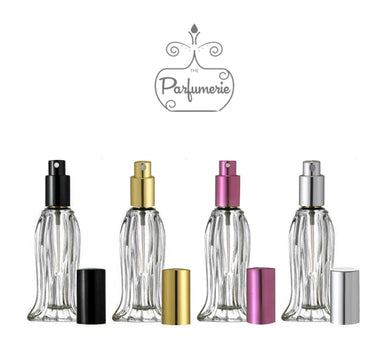 o.6 oz. Tulip Style Glass Perfume Bottles. Spray Bottles with Sprayer tops in Black, Gold, Purple and Silver with matching over cap. Atomizer Bottles perfect for Perfume Oils, Essential Oils, Fragrance Oils and Room Sprays.