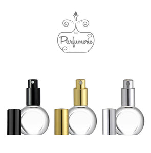 Perfume Bottle. Atomizer Bottle with Sprayer top in Black, Gold and Silver with matching over cap. These Spray Bottles are perfect for Perfume Oils, Essential Oils, Fragrance Oils and Room Sprays.