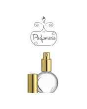 Load image into Gallery viewer, Perfume Bottle. Atomizer Bottle with Sprayer top in Gold with matching over cap. These Spray Bottles are perfect for Perfume Oils, Essential Oils, Fragrance Oils and Room Sprays.