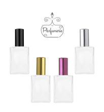 Load image into Gallery viewer, 2 oz. Frosted Glass Perfume Bottles. Atomizer Spray Bottles. Sprayer tops include Black, Gold, Purple and Silver with matching over cap. Atomizer Bottles perfect for Perfume Oils, Essential Oils, Fragrance Oils and Room Sprays.