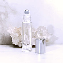 Cargar imagen en el visor de la galería, 10 ml Glass Roller Bottle with a Stainless Steel Rollerball Insert and Silver Shiny Cap. Travel Size Perfume Bottle.