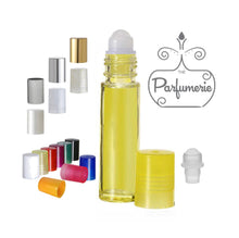 Load image into Gallery viewer, Yellow 10 ml Roll On Bottle with Plastic Rollerball Inserts. Roller bottles will have color cap options in Metallic Gold, Silver and Brushed Silver, Glitter Gold and Silver, Pearl White, White, Yellow, Red, Purple, Green, Black, Orange, Pink and Blue. These Perfume Bottles are the perfect bottle for Lip Gloss Containers, Lip oil Containers, Perfume Oils, Essential Oils and Fragrance oils as well as Tattoo Oils.