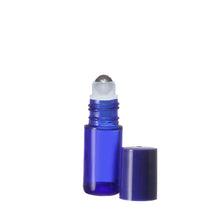 Load image into Gallery viewer, 5 ml Blue Glass Roller Bottle with Stainless Steel Rollerball Insert and Blue Cap for Essential Oils.