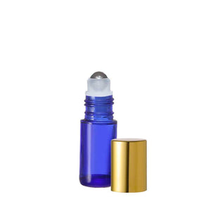 5ml Blue Glass Perfume Roll On Bottle with Steel Rollerball insert and Metallic Shiny Gold Cap