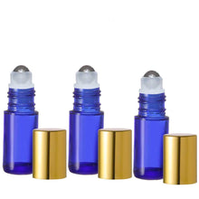 Load image into Gallery viewer, 5ml Blue glass Roll On Perfume Bottles with Stainless Steel rollerballs and Metallic Gold Shiny Caps