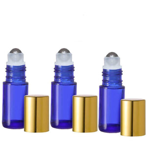 5ml Blue glass Roll On Perfume Bottles with Stainless Steel rollerballs and Metallic Gold Shiny Caps