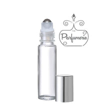 Load image into Gallery viewer, 10 ml Clear Roll On Bottle with Steel Rollerball and Shiny Metallic Silver cap
