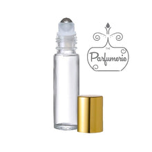 Load image into Gallery viewer, Clear Roll On Bottle with Gold Shiny Metallic Cap and Steel Rollerball Insert