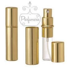 Load image into Gallery viewer, Metallic Perfume Bottles. 12 ml Atomizer Spray Bottles. Metallic Gold. Inner chamber holds the Perfume Oils, Essential Oils or Fragrance oils for Perfumes, Colognes, Room Sprays, Car Refreshers and Pillow Mists.