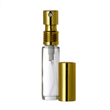 Load image into Gallery viewer, Perfume Bottles. 10ml Perfume Spray bottle. Clear Glass with Gold Atomizer Sprayer Top and Over Cap for Perfume Oils, Essential Oils or Fragrance Oils.