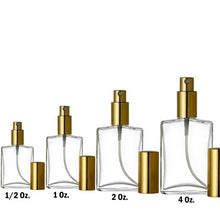 Load image into Gallery viewer, Mini Perfume Bottles and Large Perfume Bottles. Refillable Perfume Bottles all with Gold Spray top and Gold Over Caps to go with it. . Clear glass Flat Spray Bottles are in sizes 1/2 oz. 1 oz., 2 oz. and 4 oz. 