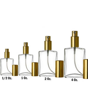 Mini Perfume Bottles and Large Perfume Bottles. Refillable Perfume Bottles all with Gold Spray top and Gold Over Caps to go with it. . Clear glass Flat Spray Bottles are in sizes 1/2 oz. 1 oz., 2 oz. and 4 oz. 