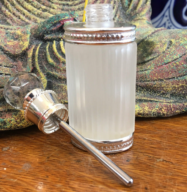 Fancy Glass Perfume Bottles with Crystal Ball Top and steel dropper stick in 15ml (1/2 oz.). Silver color. This bottle holds perfume oils, attars and oud's.