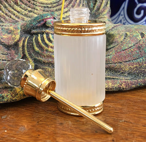 Fancy Glass Perfume Bottles with Crystal Ball Top and steel dropper stick in 15ml (1/2 oz.). Gold color. This bottle holds perfume oils, attars and oud's.