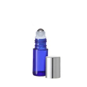 Blue Glass Lip Gloss Roller with Stainless Steel Rollerball and Metallic Shiny Silver Cap