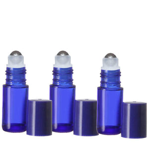 BLUE Glass Roll On Bottles - 5 ml - Plastic/PPE/Resin Rollerball Inserts - 1/6 oz.