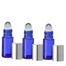 Load image into Gallery viewer, 5ml Blue Glass Essential Oil Rollers with Steel rollerballs and metallic shiny silver caps